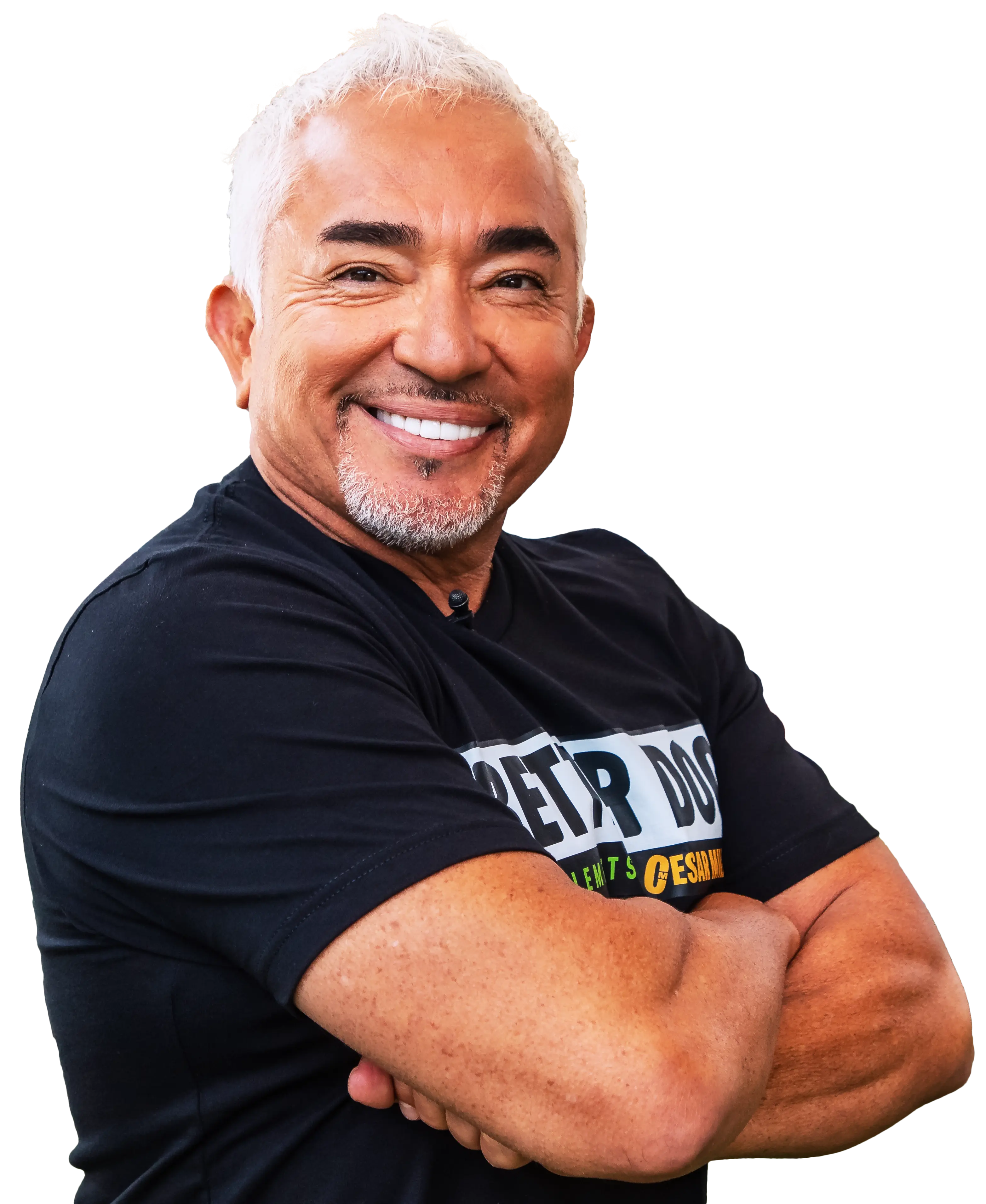 Man wearing a black t-shirt with visible branding, standing against a white background