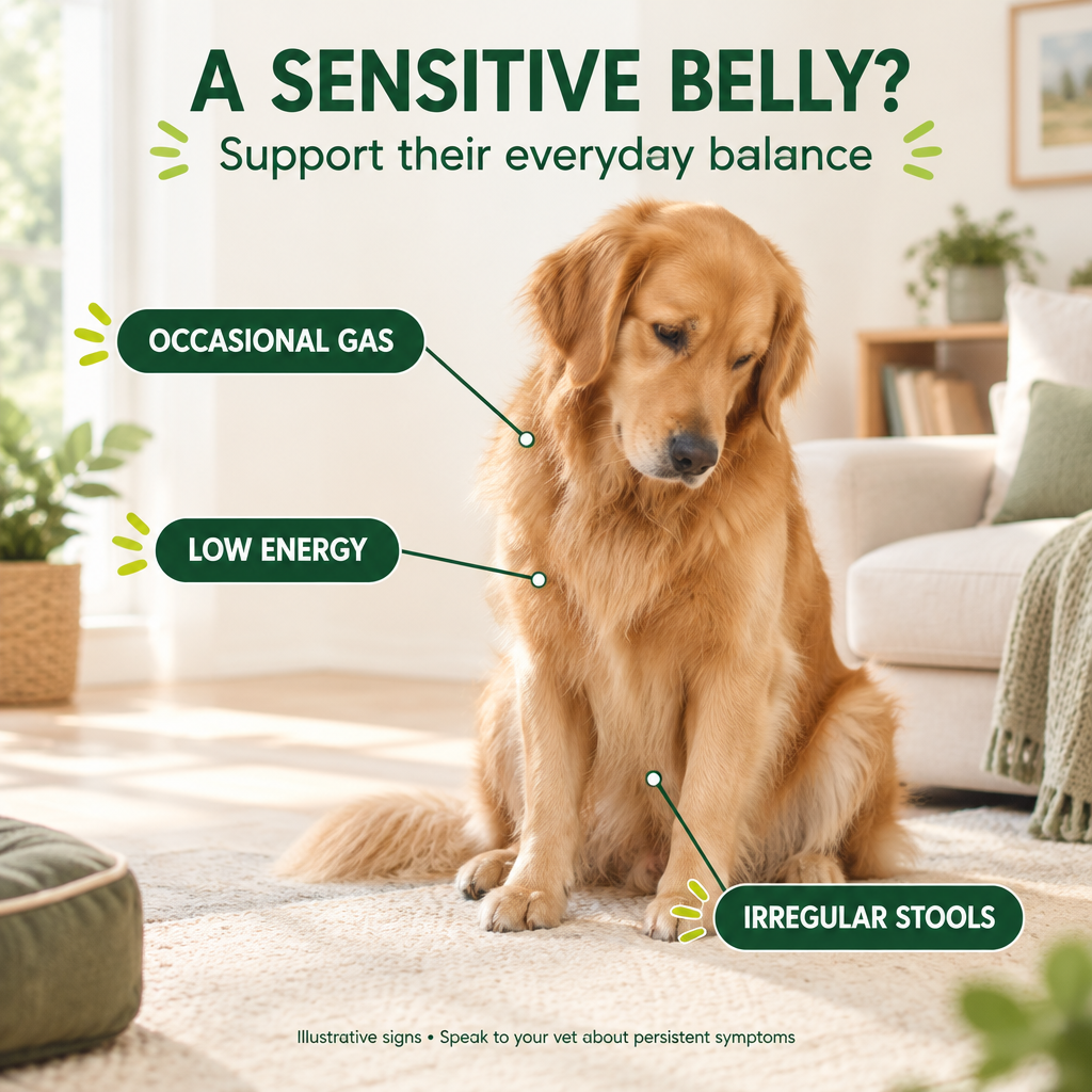 Illustrated golden retriever with callouts for occasional gas, low energy and irregular stools