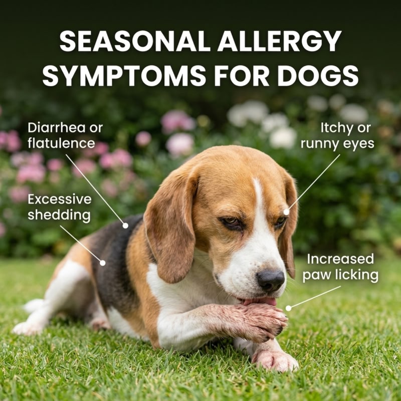 A dog photographed outdoors, labelled with common allergy signs: itchy or runny eyes, smelly or itchy ears, excessive shedding or dandruff, itchy skin and increased paw licking, and increased diarrhoea or flatulence.