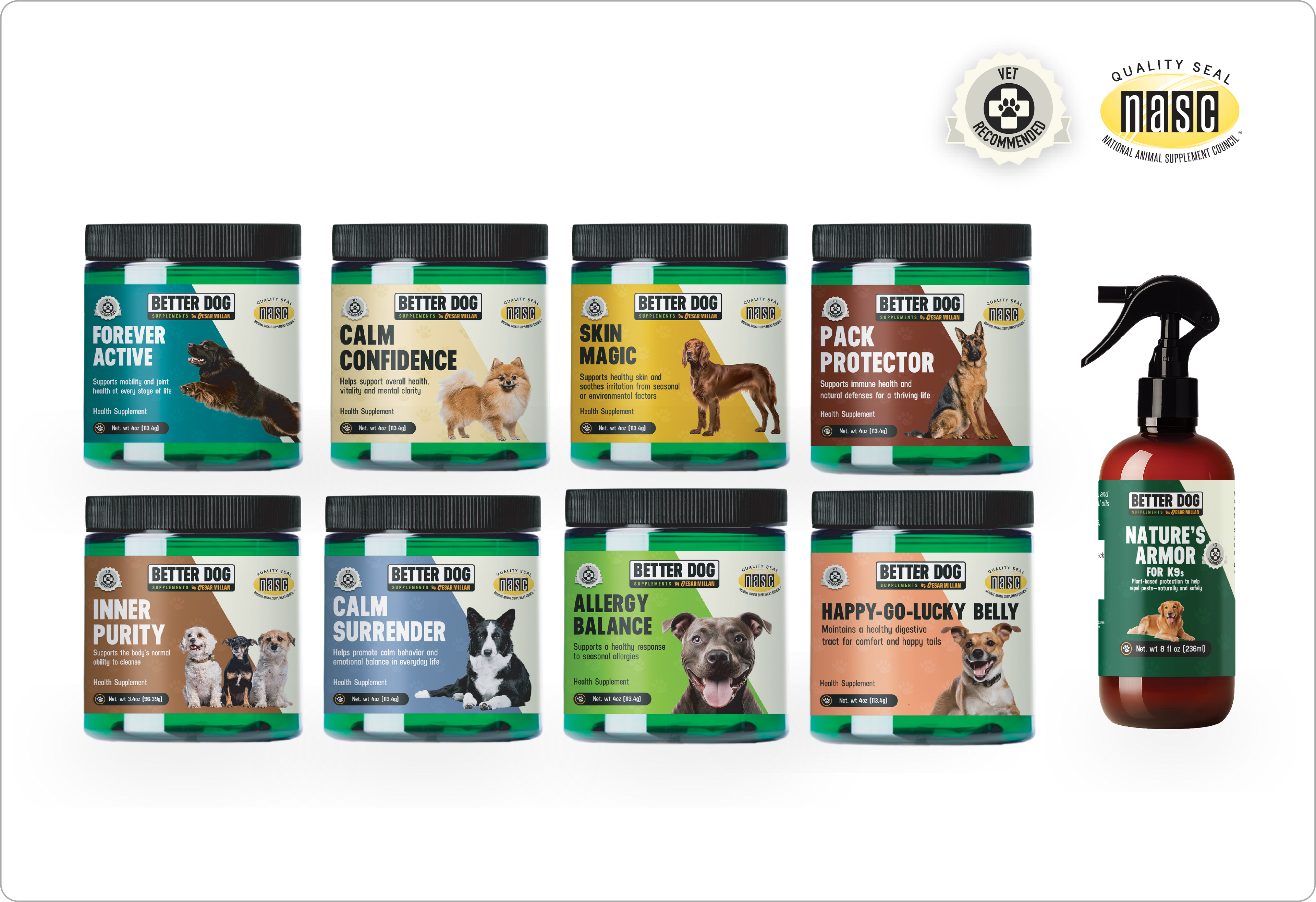 Full lineup of Better Dog Supplements products including jars for Skin Magic, Puppy Defense, Pack Protector, and a Nature’s Armor spray bottle with Vet Recommend and NASC logo