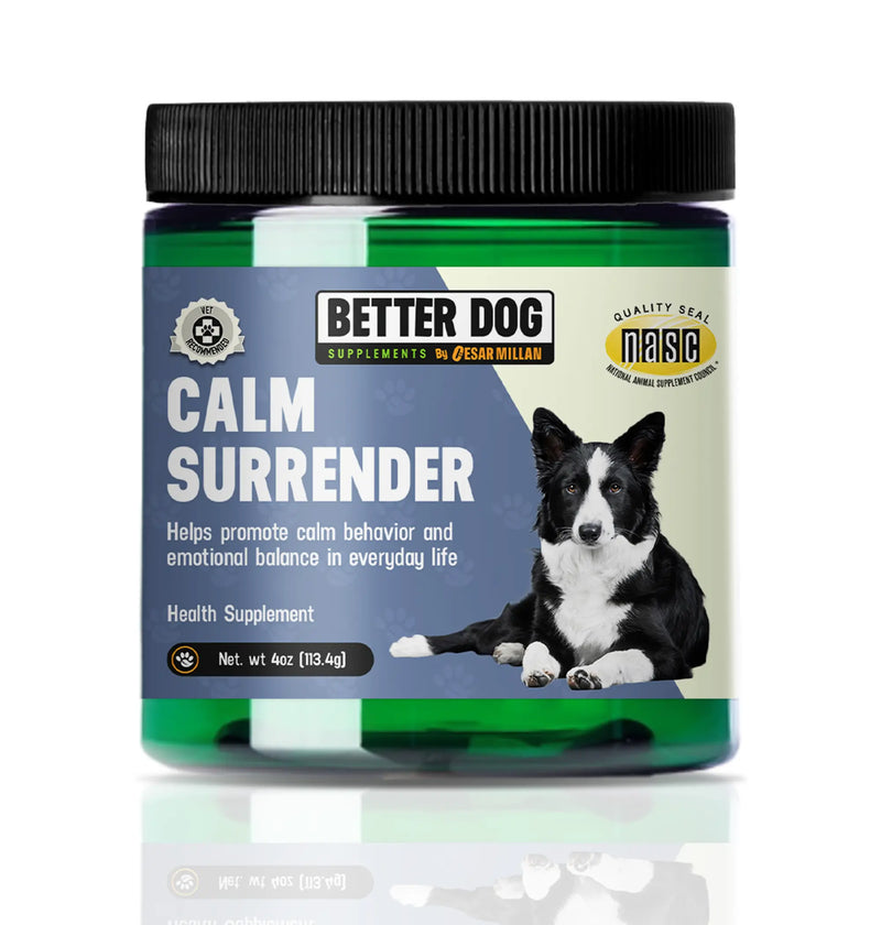 Dog supplement jar labeled 'Calm Surrender' by Better Dog Supplements on a white background