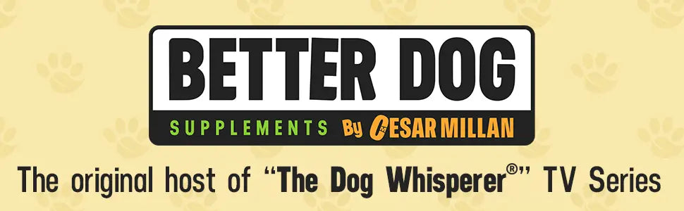Logo for 'Better Dog Supplements by Cesar Millan' on a beige background