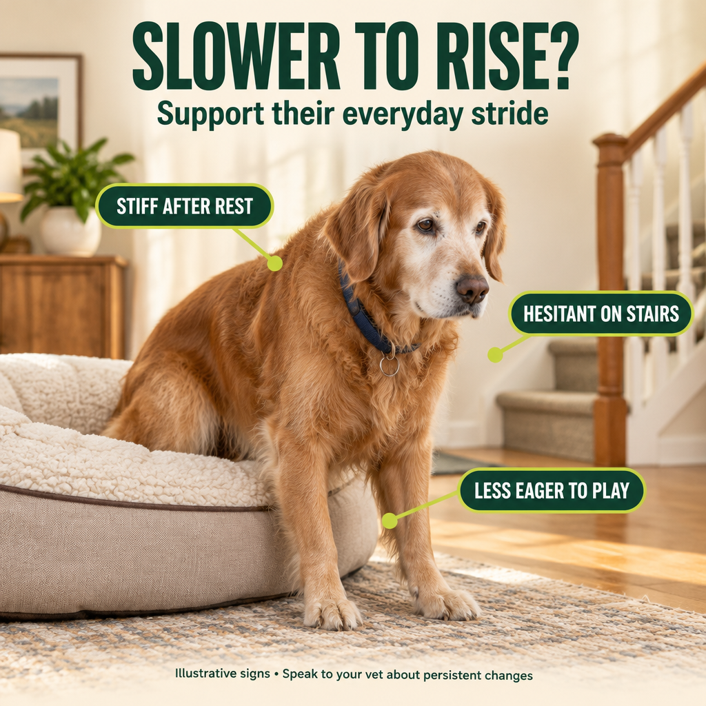 Illustrated older golden retriever with callouts for stiffness after rest, hesitation on stairs and less eagerness to play