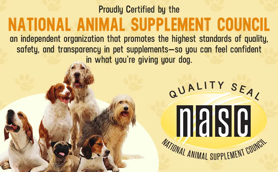 Advertisement for National Animal Supplement Council with dogs and certification seal on a beige background